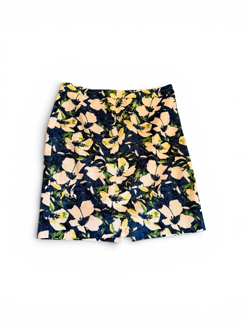 J. Crew Navy Floral Pencil Skirt with Cream and Green Accents